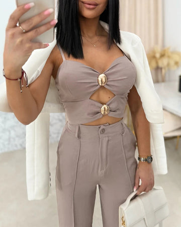 2 Pieces Outfit Metal Button Decor Spaghetti Strap Shirred Top and Casual Business Wide Leg Pants Set